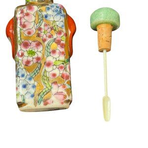 Vintage Hand-Painted Floral Porcelain Snuff Bottle With Stopper & Spoon